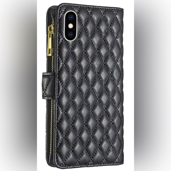Black Quilted iPhone Xs, X Wallet Cover with Flip Credit Card Holder Stand - Picture 9 of 9